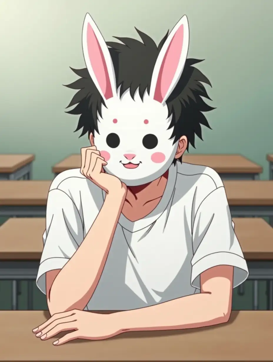 A boy in a white t-shirt is sitting at the desk in school. He has a mask of a rabbit on his face. He is sitting with one arm under his chin. There are empty desks around him. Anime style.