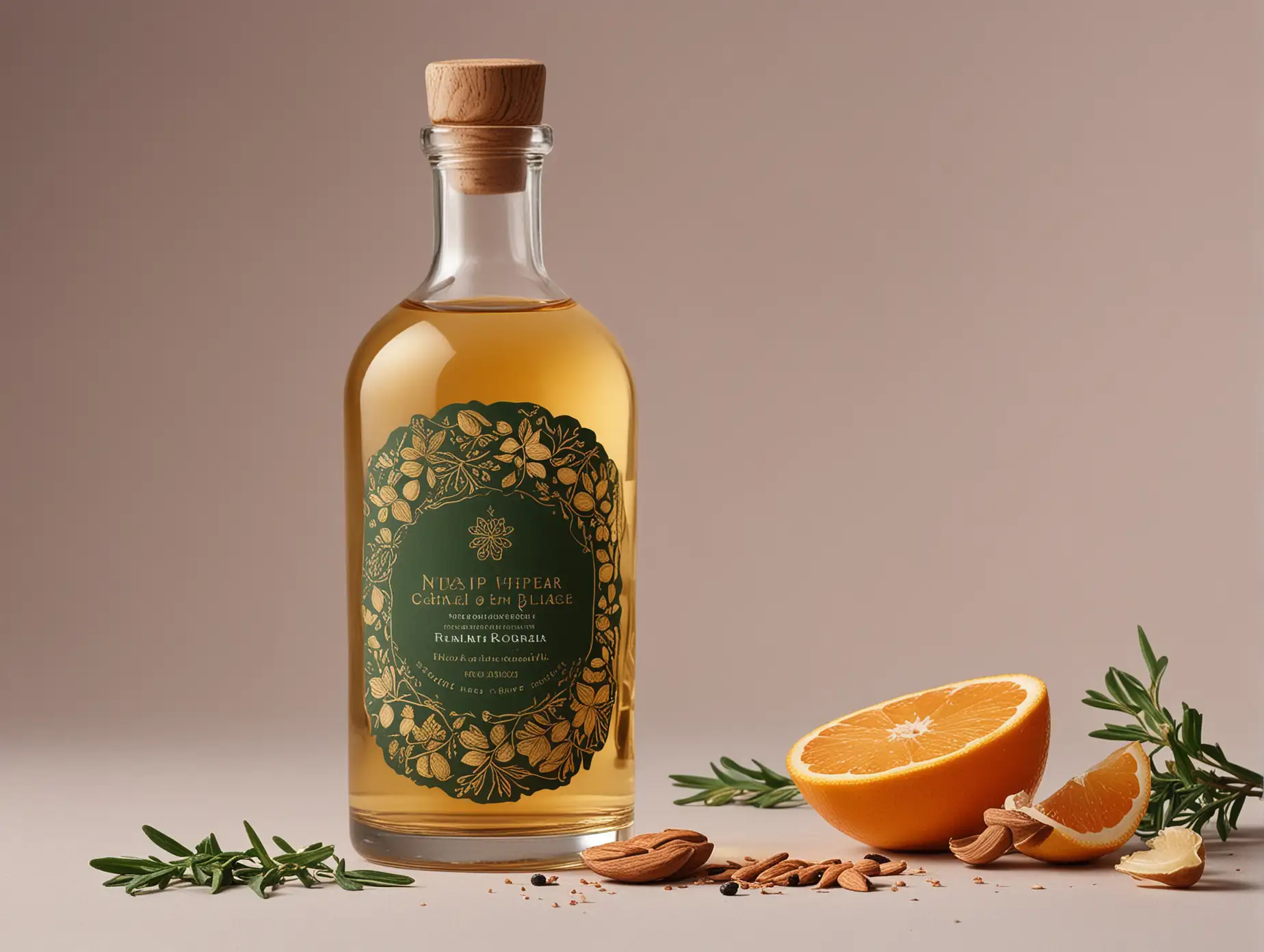 A tall, elegant bottle with a wide base and narrow neck. The glass can be slightly tinted (e.g. dark green or amber) to emphasise premiumity. The neck has a wooden stopper with laser engraved logo. Label: Gradient from dark green to gold, symbolising the transition from earth (roots, herbs) to sunshine (citrus, flowers). Illustrations: In the centre of the label is a circle with stylised botanical elements inside: Juniper - twigs with berries. Citrus fruits - lemon, orange and grapefruit cut in half to show their juiciness. Rose petals - delicate pink petals scattered in a circle. Spices - cinnamon, cardamom and ginger shown in stylised patterns. Angelica root and liquorice - roots intertwined at the bottom of the circle. Almonds - several nuts, neatly placed among other elements. The brand name ‘Botanica Aurea’ - gold embossed at the top of the label. Underneath is a slogan such as: 'A garden of fragrance in every drop'. Details: On the edges of the label there are thin gold lines resembling ornate patterns. A matte black or gold cap with the brand's minimalist logo. The bottle itself (under the label) can be printed with a subtle pattern of leaves and flowers that will shine through the glass. Collarette: A small strip of paper around the neck with the brand name and motto.