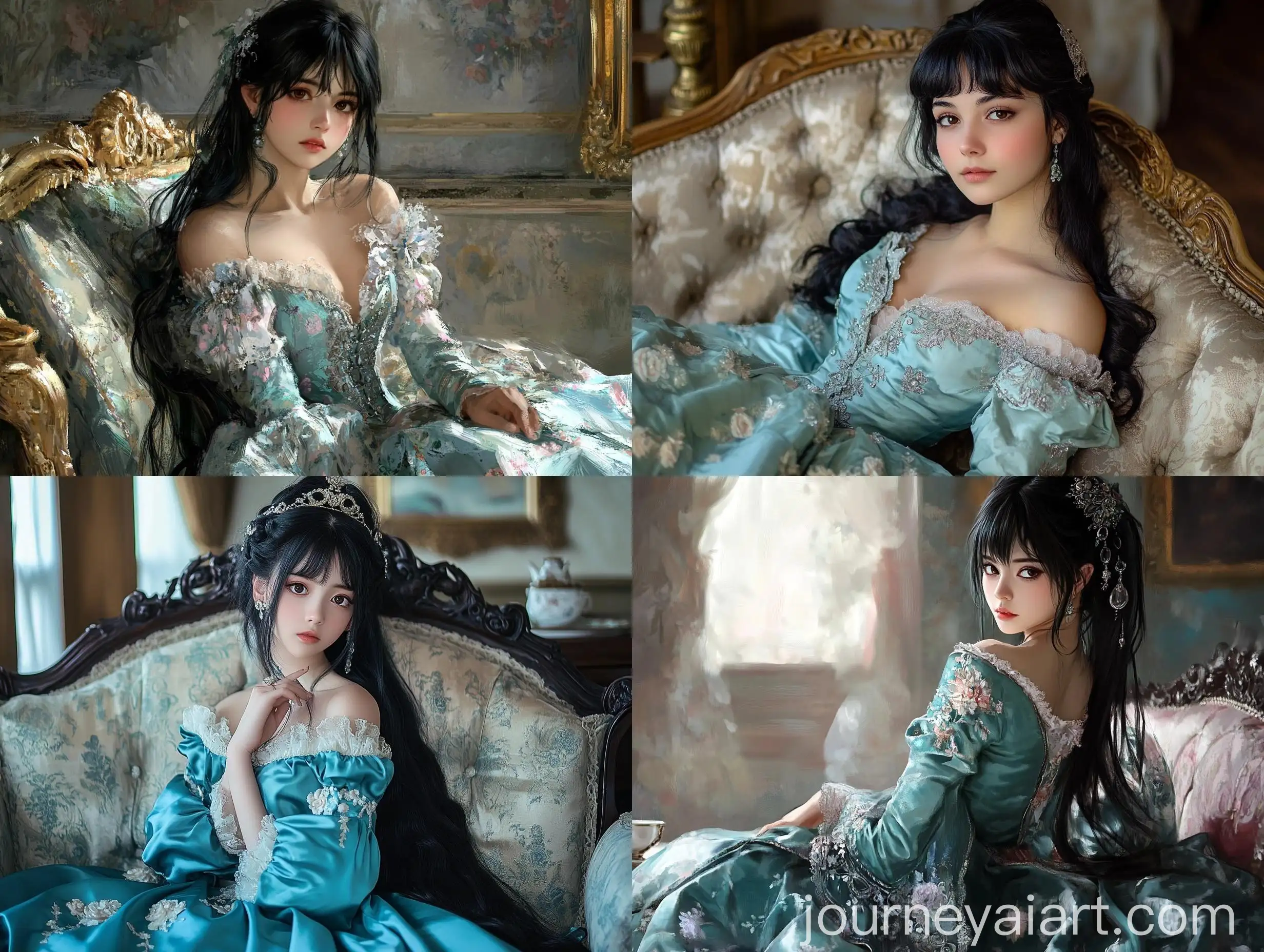 Victorian-Princess-in-Teal-Gown-Sitting-in-Palace-Tea-Room
