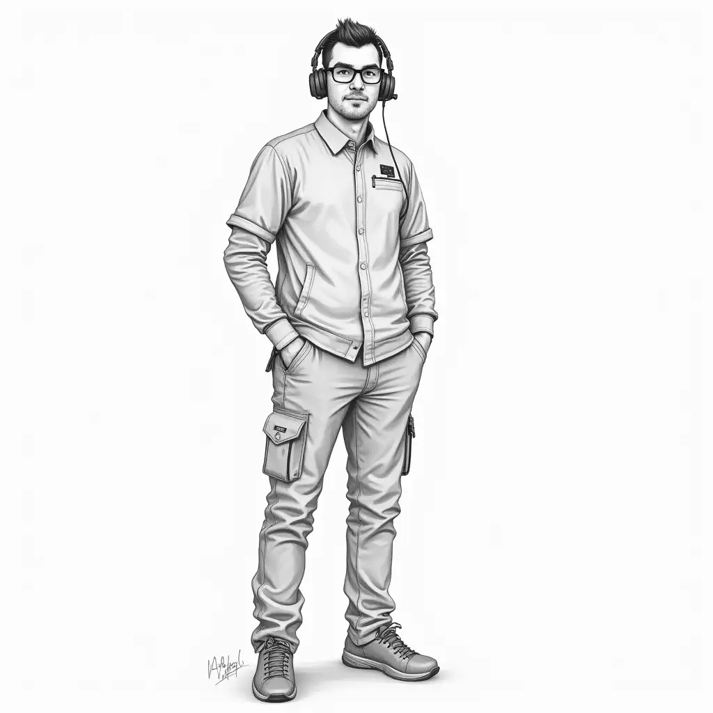 eSports team manager, full-length, pencil drawing, white background