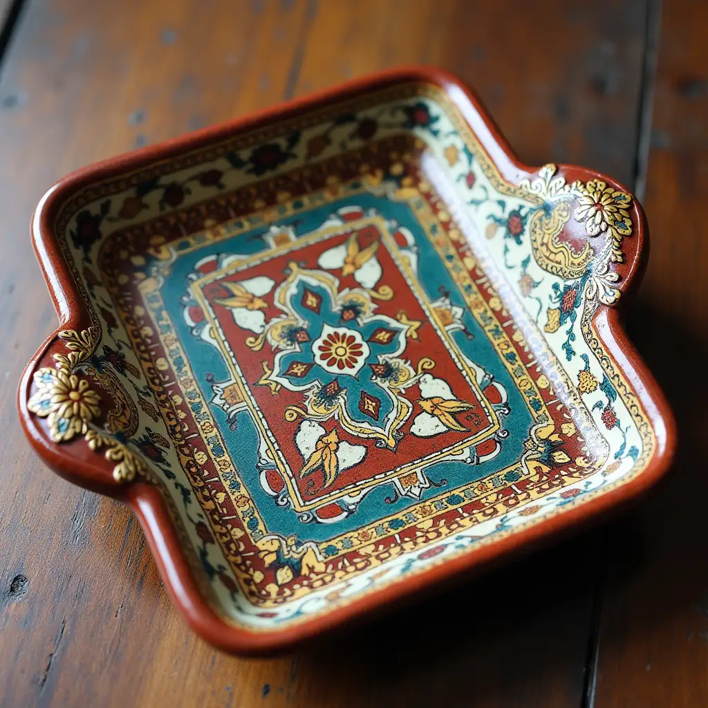 Square with rounded corners ceramic serving dish with embossed beautiful handle, antique and old, Qajar art, Iranian Tabriz carpet design