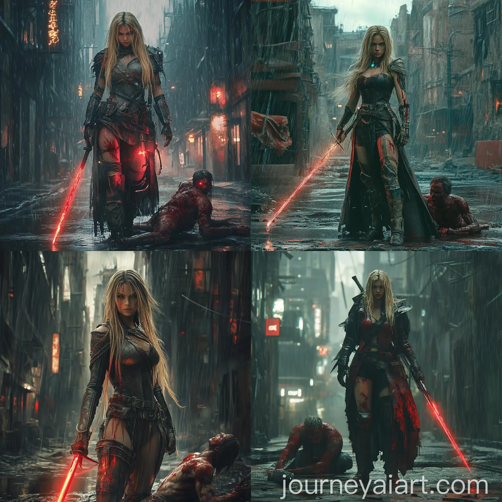 Fierce-Blonde-Female-Warrior-in-Rainy-PostApocalyptic-City-with-Glowing-Spear