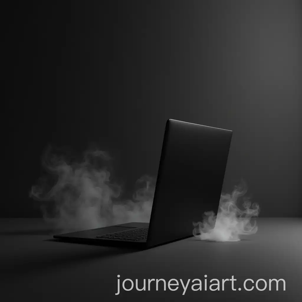 Photorealistic-Laptop-at-an-Angle-with-Smoke-and-Dark-Gray-Background