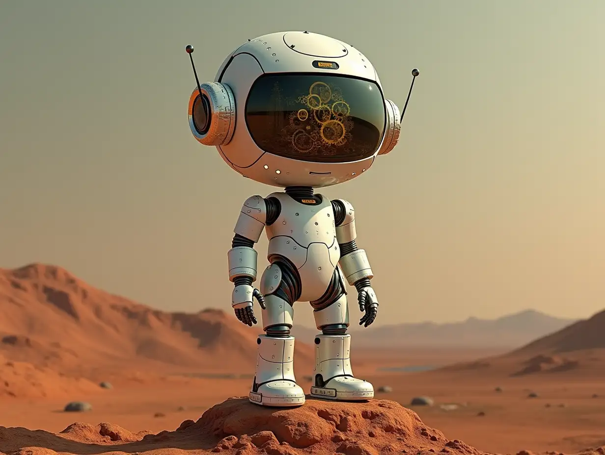 Create a high-resolution, realistic image of the two meter tall artificial intelligence Robert with eyes as arms and legs, gears on the cheeks and a glass head with visible platinum brain made of gold, screws with many gears, Mars on a rock in 4k resolution.