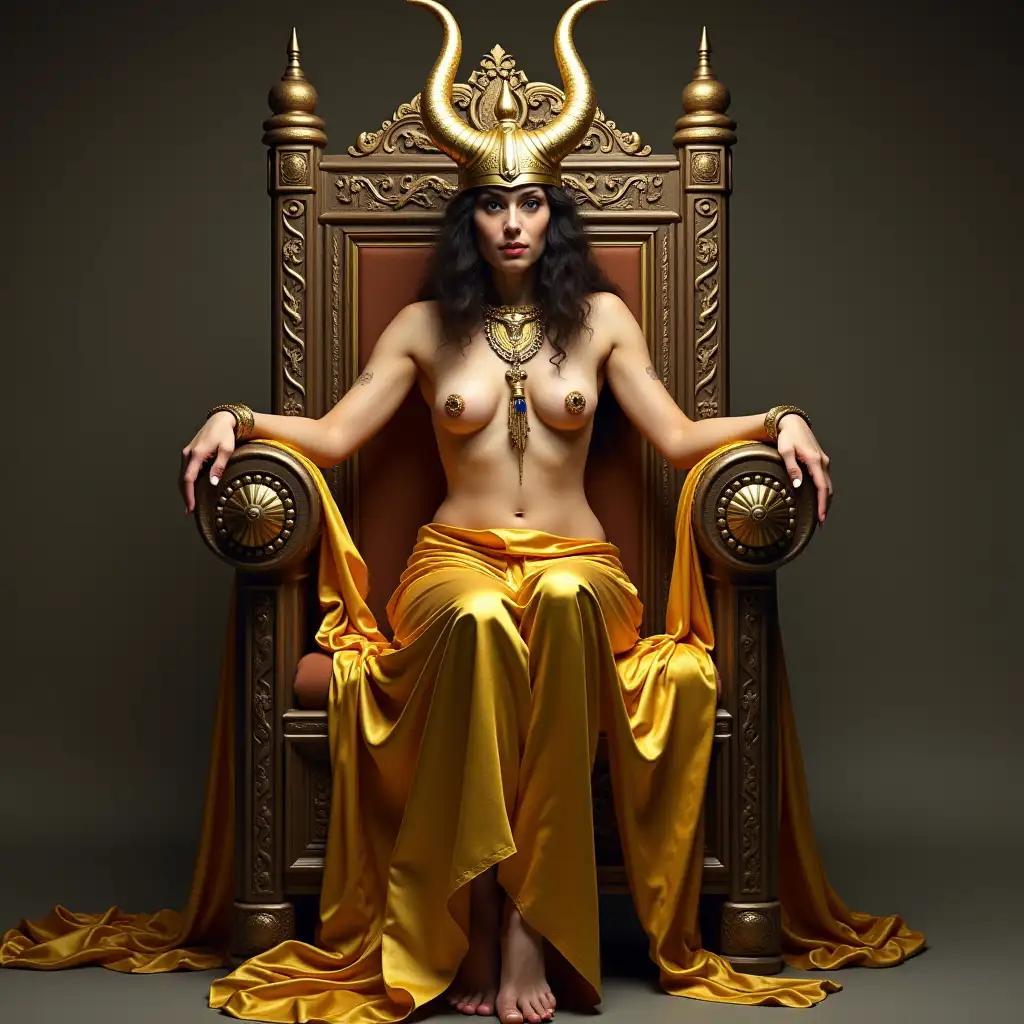 Mystical-Queen-with-Horned-Helmet-and-Golden-Pants-on-Throne