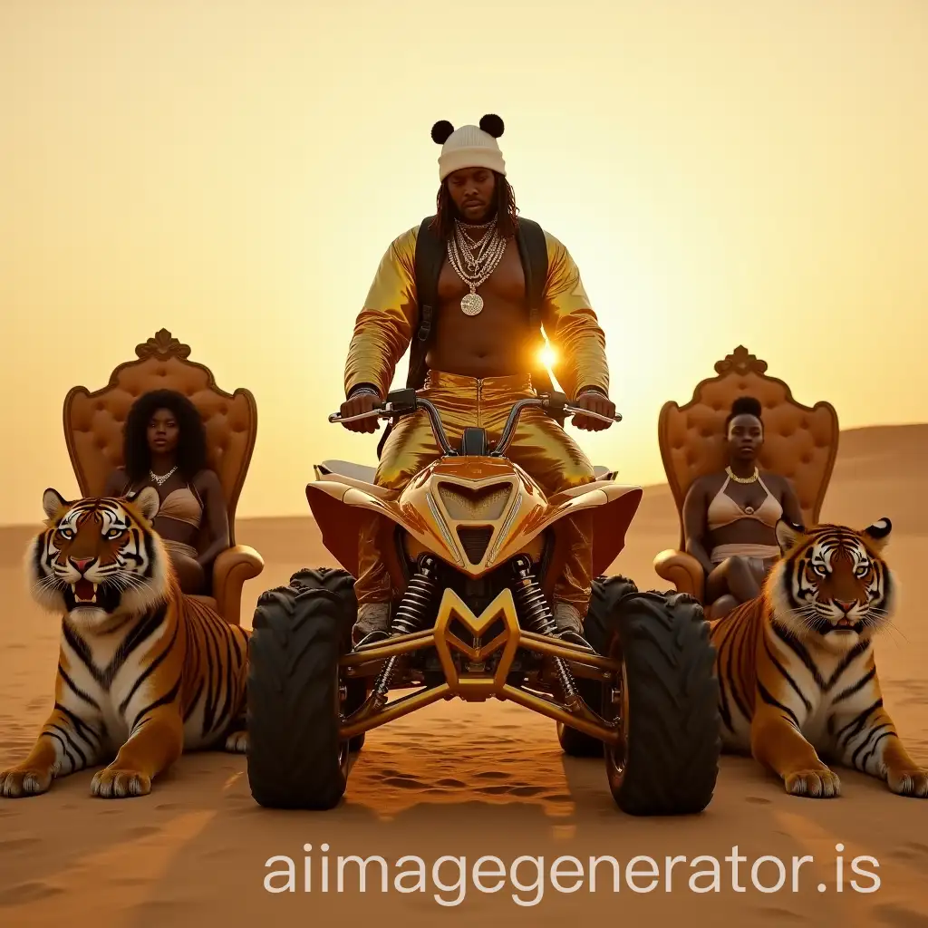 Black-Rapper-on-Customized-Quad-Bike-with-AfroFuturistic-Women-and-Tigers-in-Golden-Desert-at-Sunset