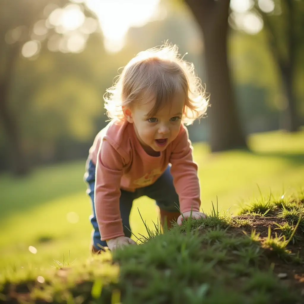 Close-up of a toddler's determined face as they begin to climb a small hill in a park, sunlight filtering through trees