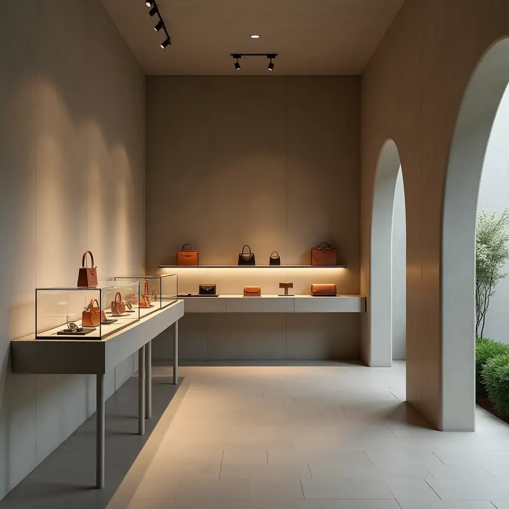 Minimalist-Jewellery-Store-Interior-with-Luxury-Handbags-and-Rolex-Watches-in-Milan