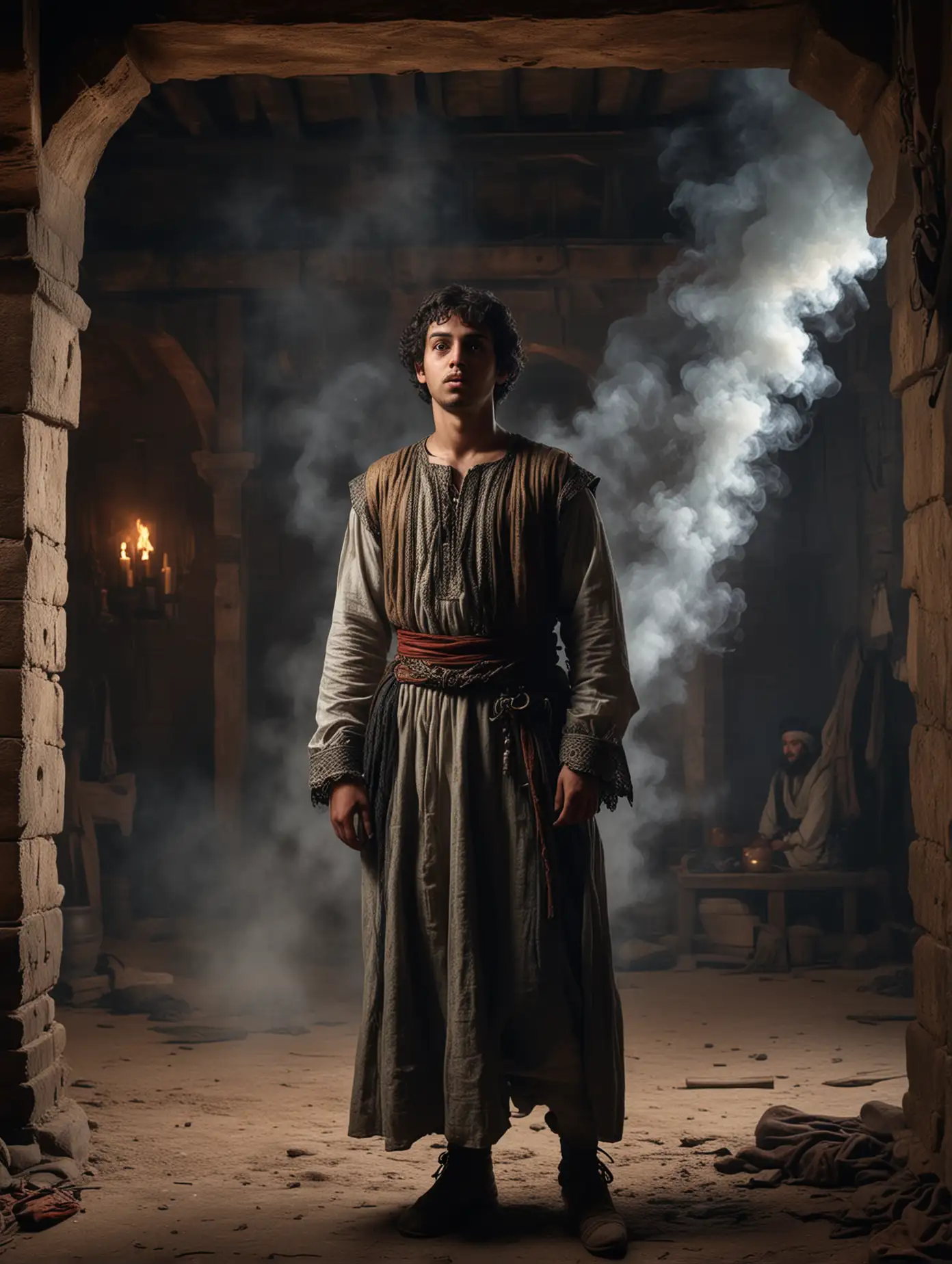 An epic 17th century scene featuring a young man in Arab dress with frightened eyes looking at the ceiling at, in a dark 17 century forge; dark misty atmosphere, air filled with smoke in the background, in full height, high-detailed, photo realistic picture