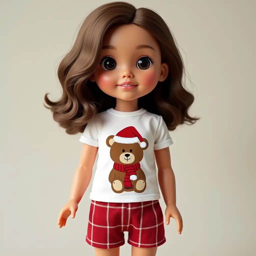 Create images of a Brac doll in the form of a girl, with a white t-shirt on which is depicted a New Year's bear, red plaid shorts, brown slightly wavy hair, medium skin and dark eyes