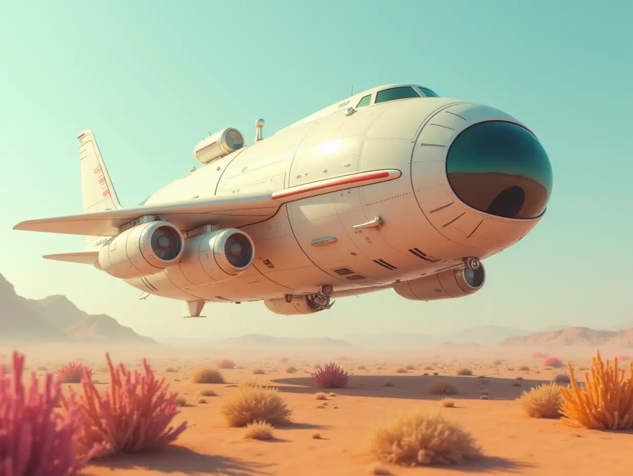 A large retro white-beige spaceship, gleaming parts, with glowing headlights, glass, windshield flying very close over the desert with colorful plants clear sky, 4k resolution colorful