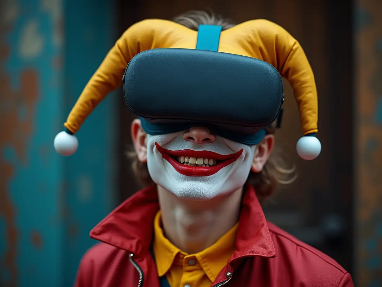 Kind-Jester-with-Painted-Face-Wearing-Virtual-Reality-Glasses