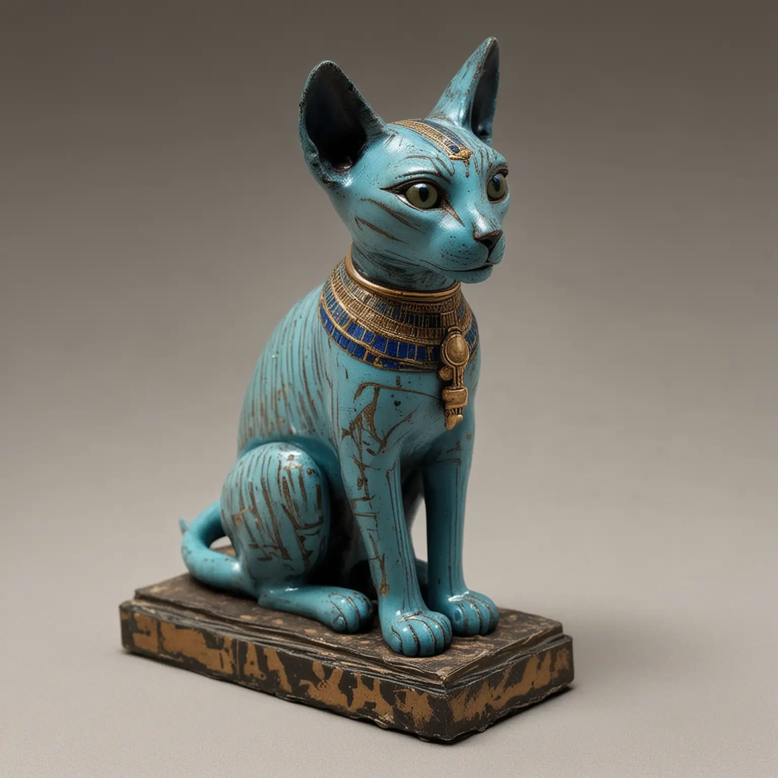 View strictly from the front: Egyptian amulet in the form of a sphinx cat, made of faience and decorated with Egyptian blue glaze. The figurine is in a glass display case in the museum. Chips and scratches.