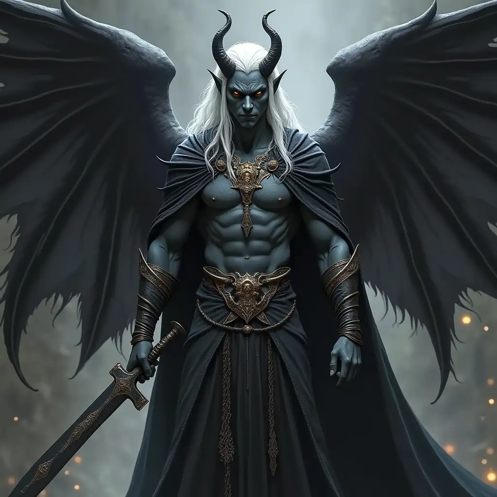 Powerful Dark Elf with Wings and Obsidian Sword