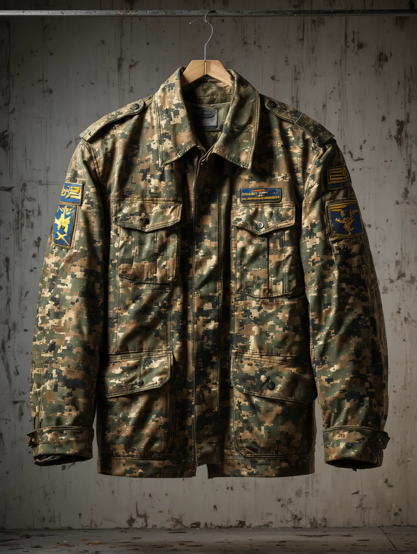 make an image where a Ukrainian military uniform (jacket) (pixel camouflage style) is hanging on a hanger fully fits into the image, uniform background, photorealism, light from above 90 degrees over the jacket