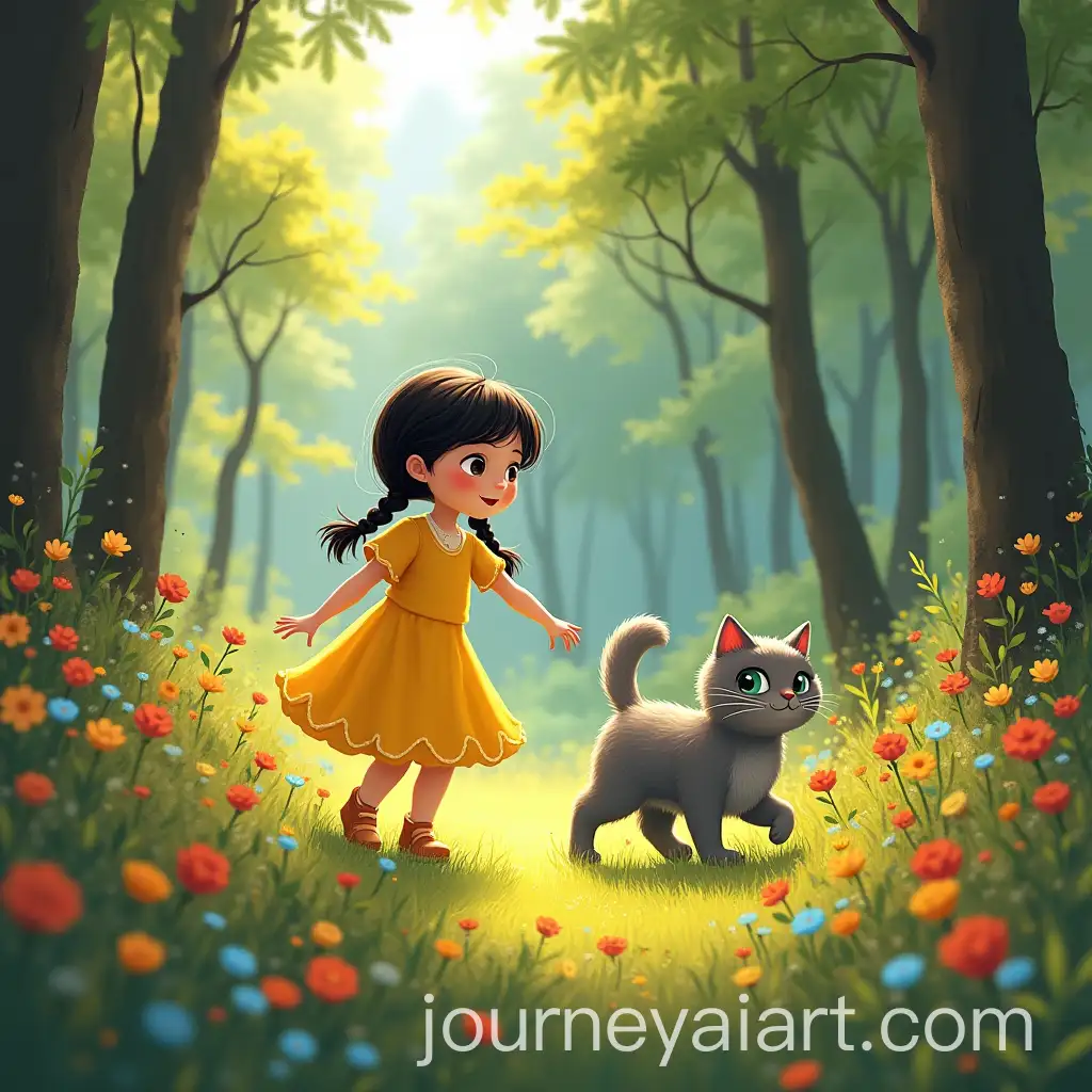 Young-Girl-Playing-Hide-and-Seek-in-a-Colorful-Norwegian-Forest-with-Her-Cat