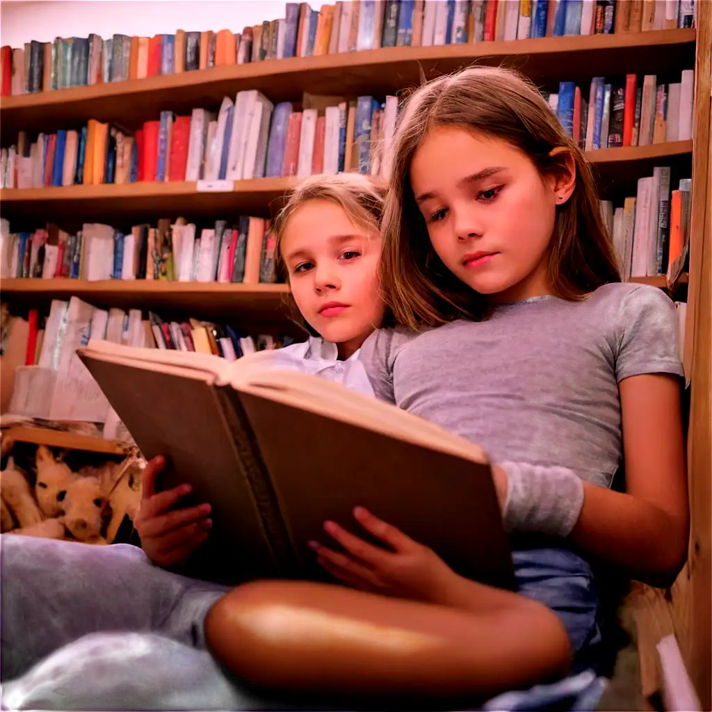 12YearOld-Girl-Reading-a-Book-PNG-with-Bookshelf-Background-High-Quality-Image-for-Various-Uses