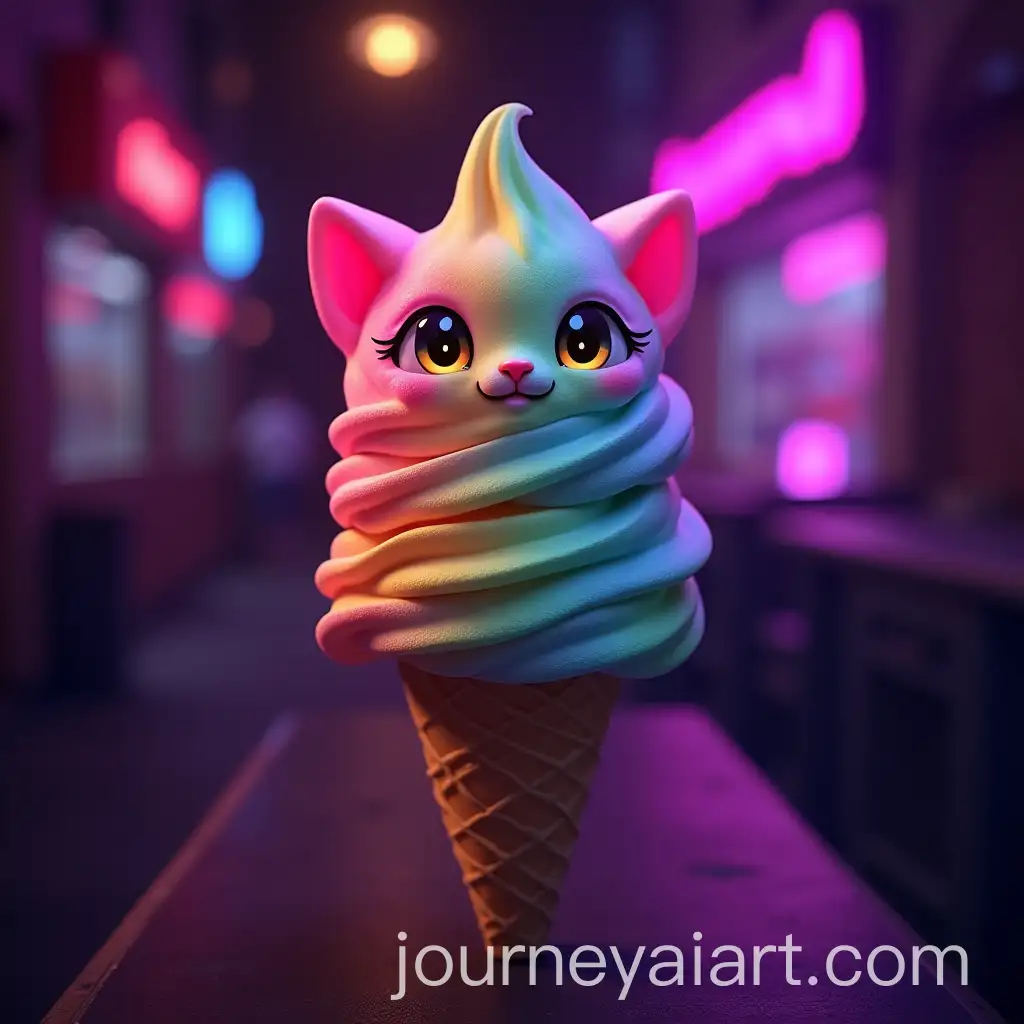 Neon-Flavored-Ice-Cream-with-Cute-Cat-Face-at-Night