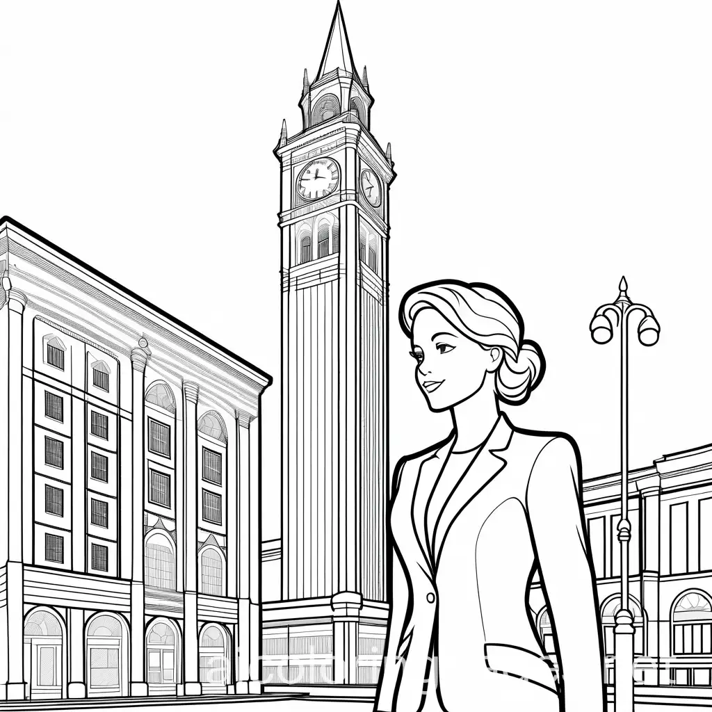 Business-Woman-in-Front-of-a-Clock-Tower-Coloring-Page