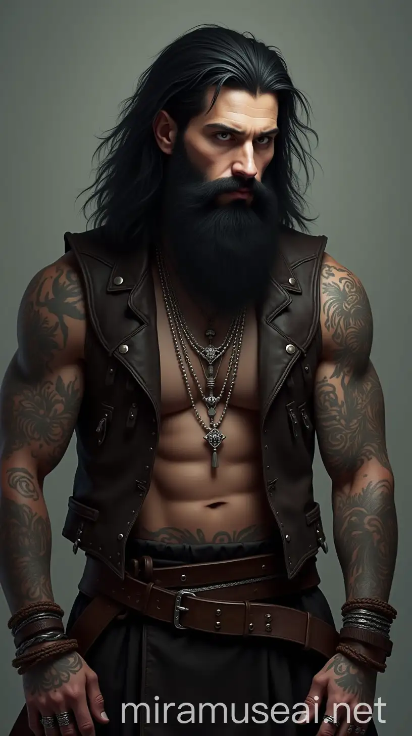 Fantasy Vibes Tall Man with Dark Hair Bushy Beard and Tattooed Leather Vest