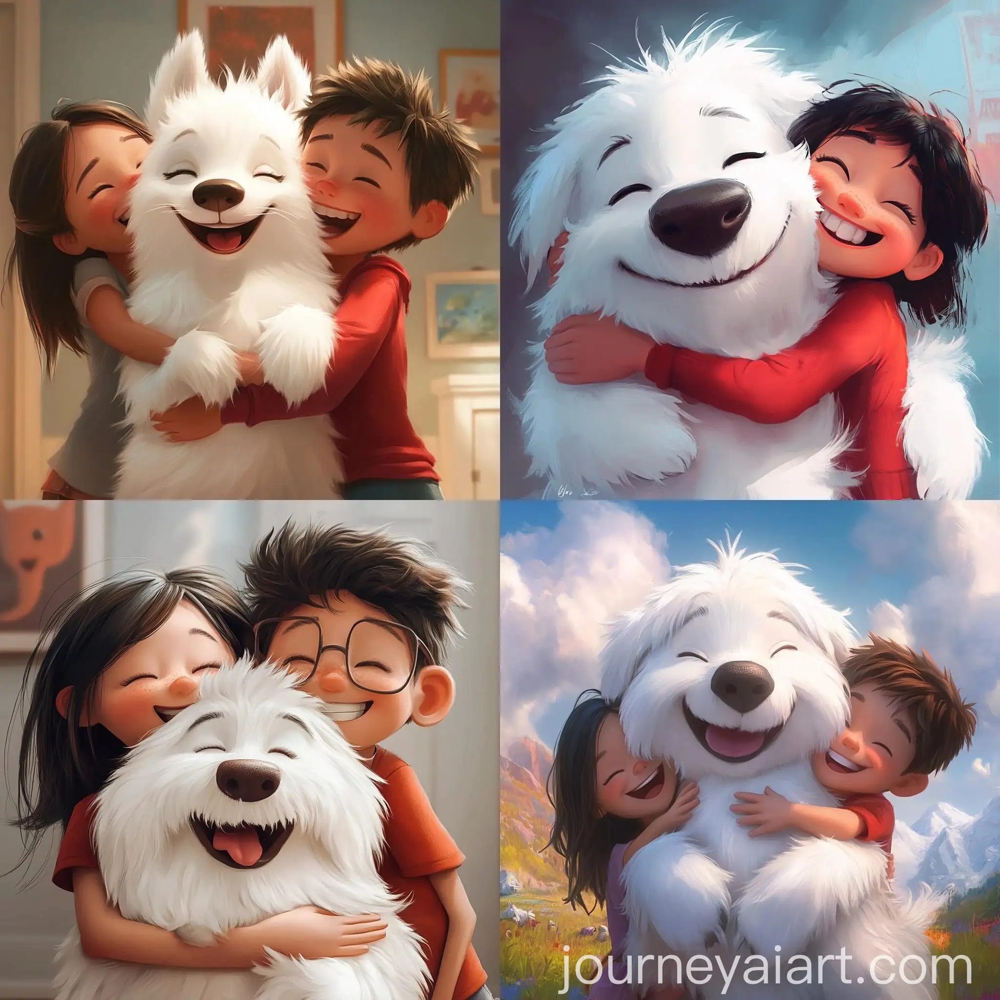 Happy-Girl-and-Boy-Hugging-White-Furry-Dog-in-Pixar-Style