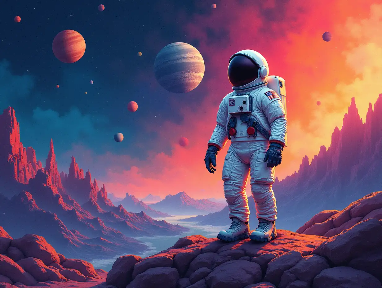 oil paint ink. Create a digital image of an astronaut standing on a rocky surface with a vibrant and colorful background featuring planets and stars