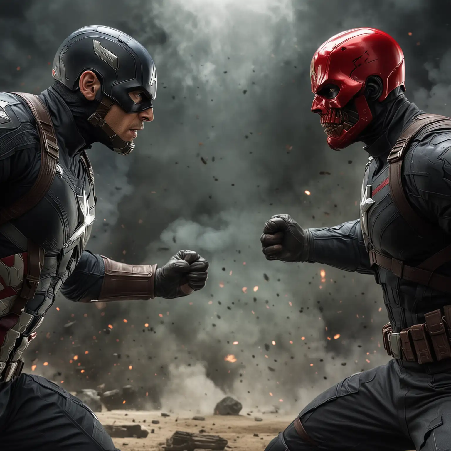 Captain America faces off against the evil red skull in a black outfit, both in dynamic combat stances, intense expressions on their faces