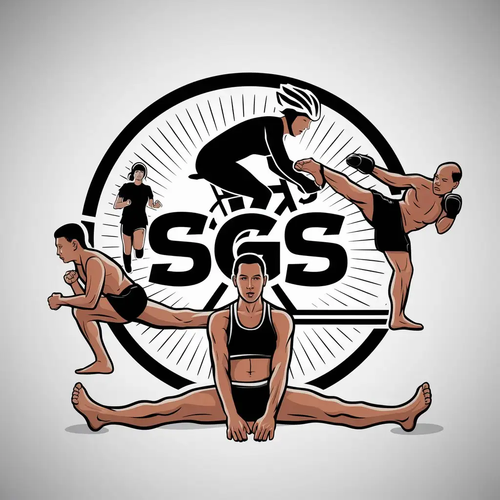 a vector logo design,with the text "SGS", main symbol:In the center is a cyclist, in the background is a running girl, a fighter throwing a side kick in the foreground, in the foreground is a fighter sitting in a cross split. ,Moderate,clear background