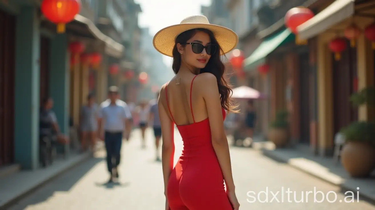 Vietnamese-Woman-in-Stylish-Red-Suit-and-Sunglasses-on-Urban-Street