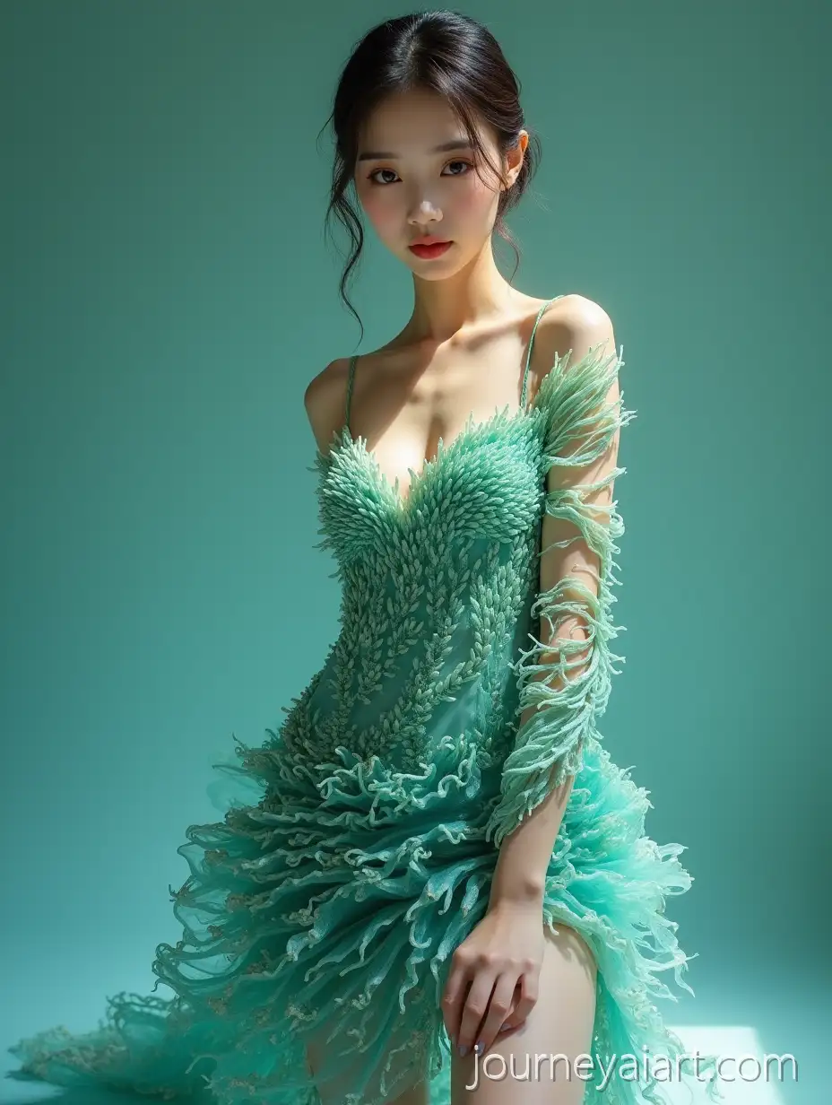 East-Asian-Beauty-in-ChitinPatterned-Dress-with-Gradient-Turquoise-and-Rainbow-LightEast-Asian-beauty-dress