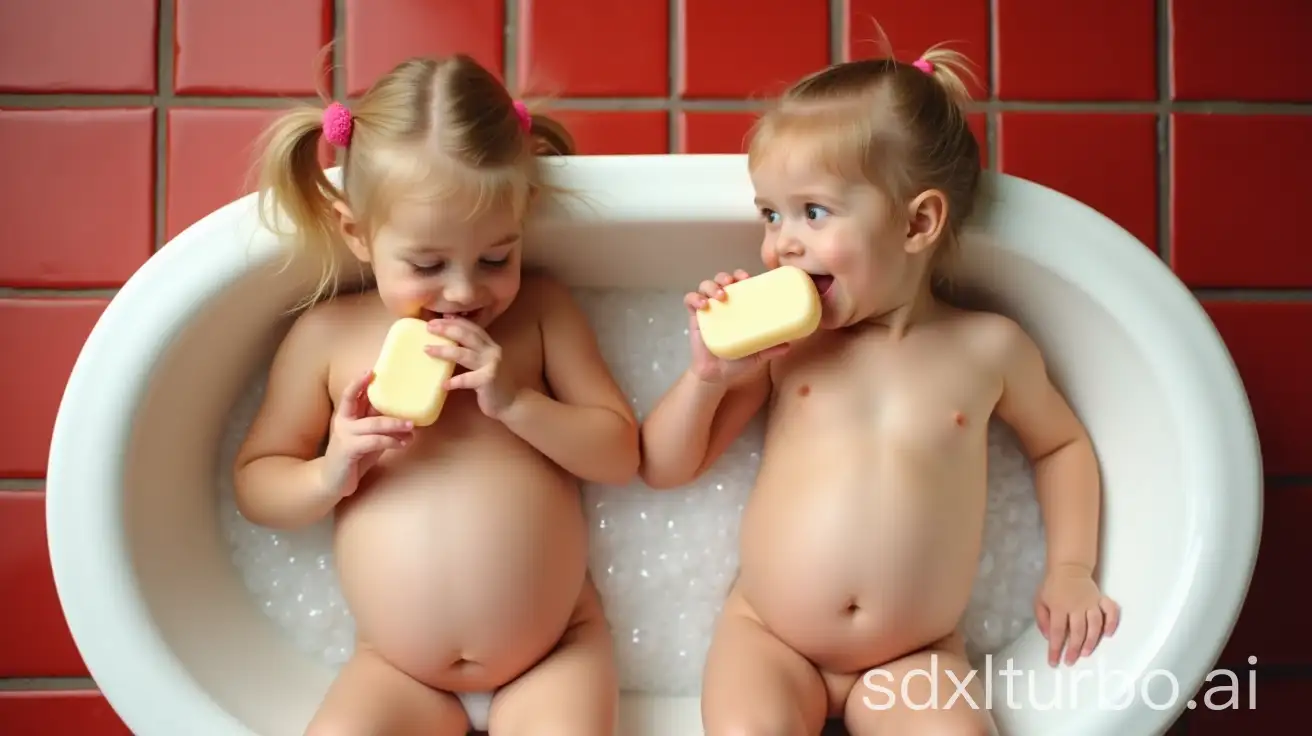 Two-Pregnant-Blond-Girls-at-Preschool-Bath-Tub-Biting-Soap-Bar