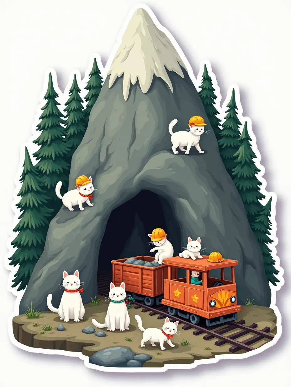 A curvilinearly cut sticker depicting a mine in a mountain. The mountain is being excavated by miners and cats. Rails come out of the mine with a small open-top railway mining trolley. Around the trolley are small white cats in hard hats and workers' clothes. Coniferous trees around a mountain with a mine