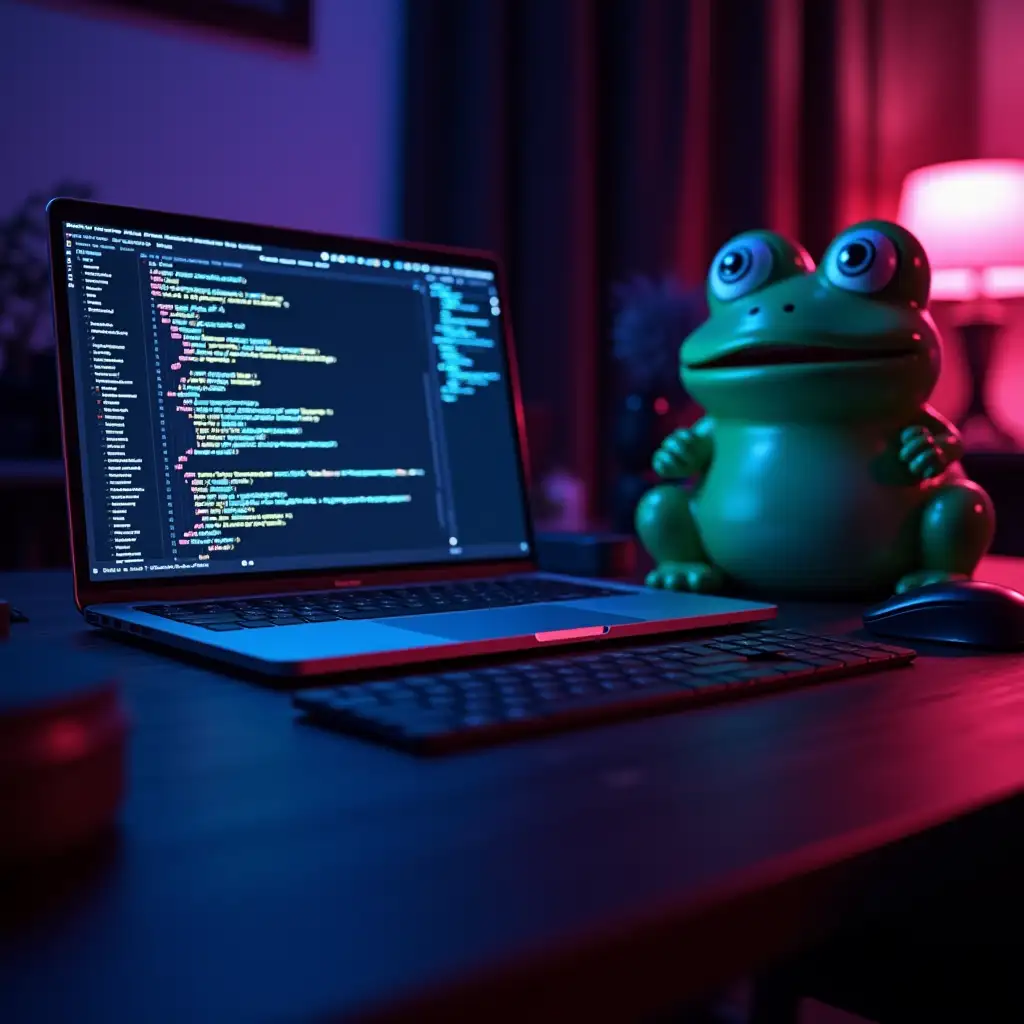 Developer's workstation, first person view, table with one macbook on it where code development is taking place and next to it a computer mouse, there is a funny frog from meme on the table. Focus on the notebook. Everything in neon and dark colors