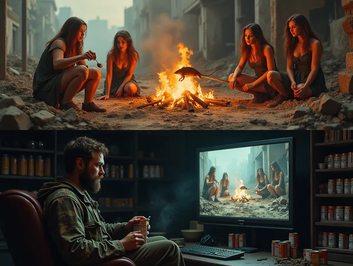 user_prompt: A picture is divided horizontally into two parts. At the top, on the ground among ruins, a group of three glamorous women in rags, with long hair and tattered clothes, are roasting a rat on a spit over a fire. At the bottom, a bearded man in camouflage is sitting in an armchair in a bunker, watching this scene with interest on a monitor screen while eating canned stew with a spoon. Along the walls of the bunker, there are shelves with rows of canned goods. Lush painting.