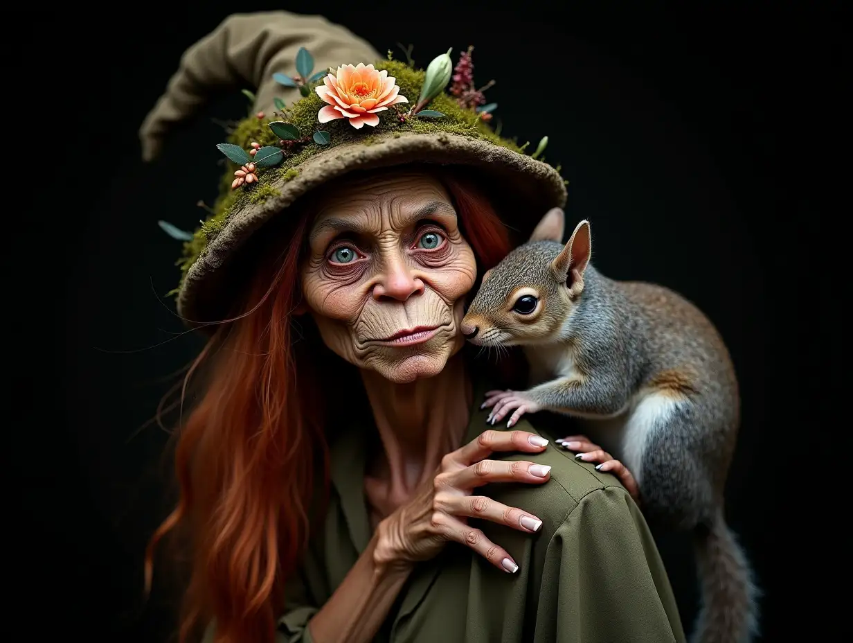 Fine art low key portrait of extreme realism and high definition of an old female forest troll with her hands in an interesting position and looking directly with her intense and penetrating gaze at the camera, her skin has a slight extremely realistic wood texture with  dark areas with very realistic  green moss. Very long and red windly hair with and old woman hat with moss and flowers ornating it..A gray  and cute squirrel with soft, abundant and slightly plump hair rests on her shoulder and sniffs the beautiful troll's lips, the squirrel is extremely realistic and high quality in definition and anatomy. Black background