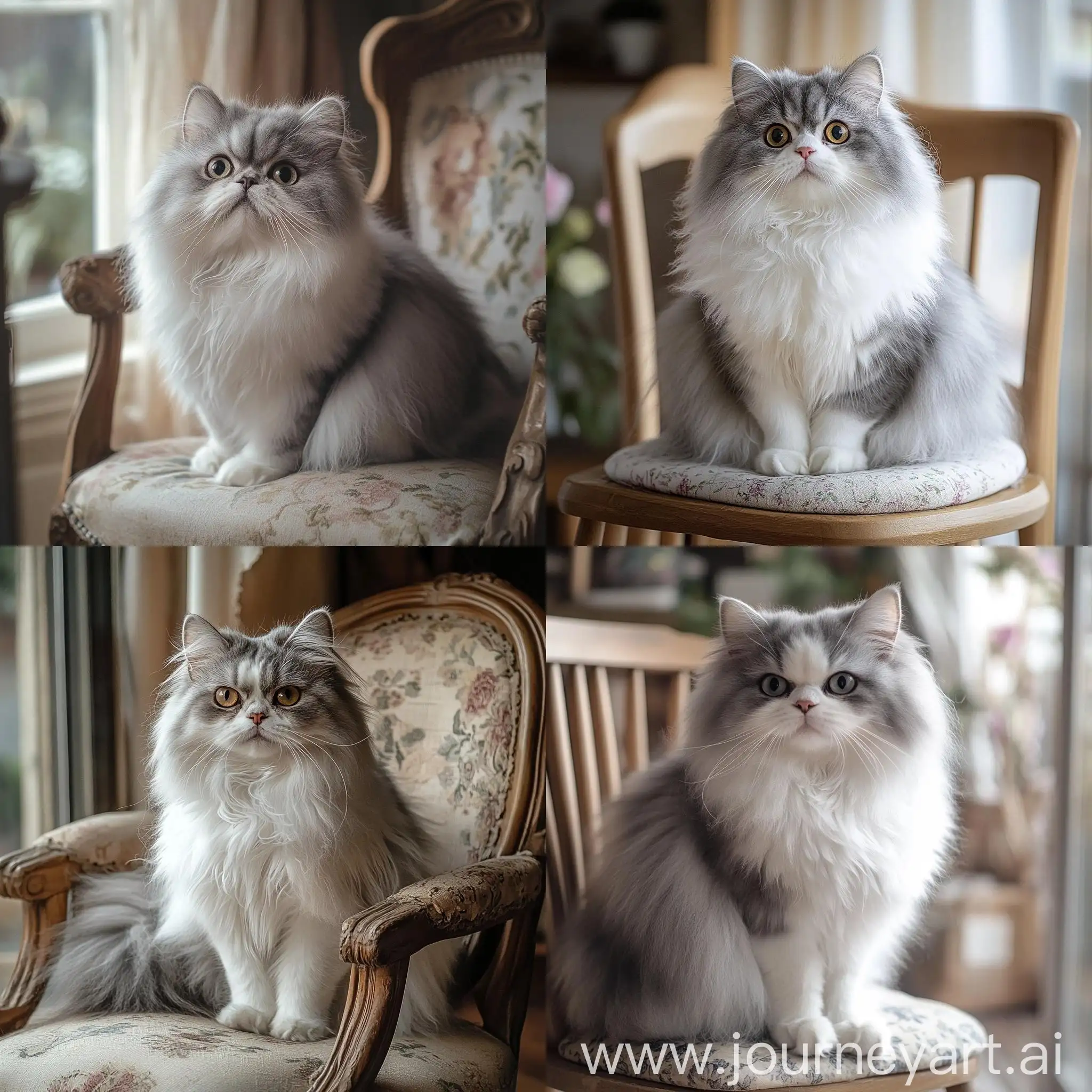 Graceful-Persian-Cat-Sitting-on-Wooden-Chair-in-Cozy-Indoor-Setting