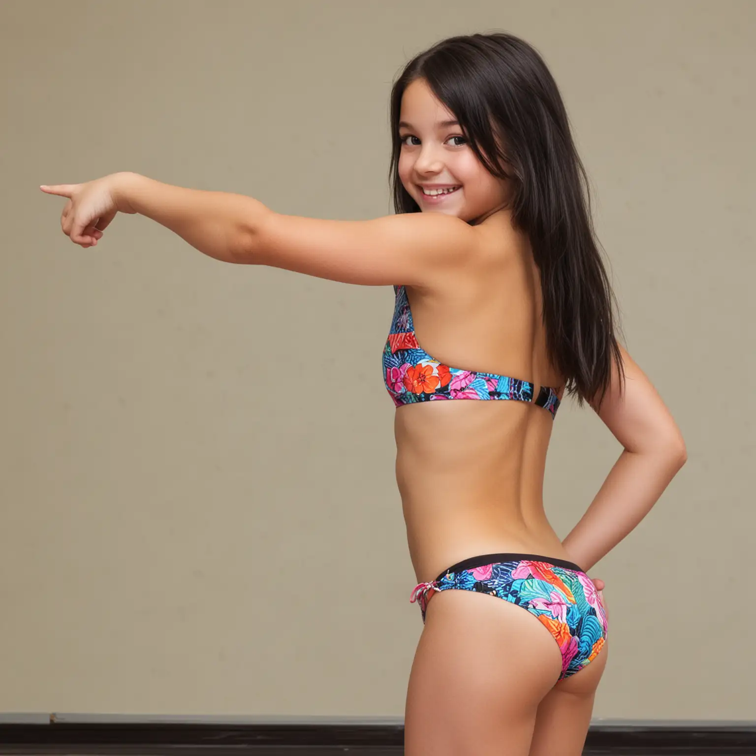 tween girl, dark hair, bikini, ,,,school, bending, showing back, smiling