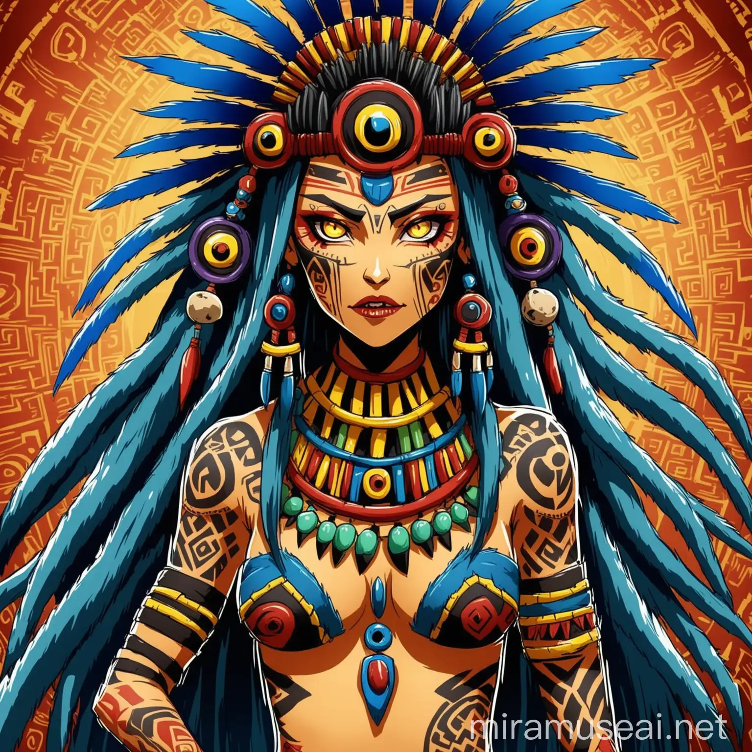 Fantasy Shaman Woman with Aztec Tattoos in Anime Style