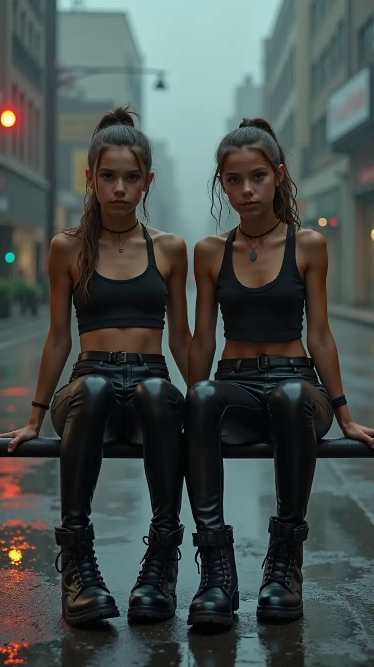 Teen-Girls-in-Leather-Leggings-and-Combat-Boots-Sitting-Together-in-the-Rain