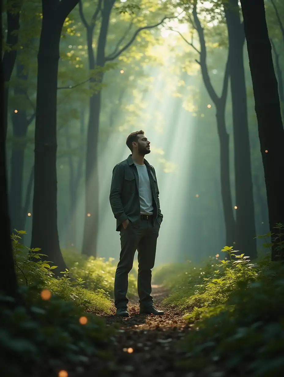 A serene forest scene with a majestic, ethereal atmosphere. The focus is on a man, Patrik, standing in the center, looking blissfully unaware yet contemplative, surrounded by towering trees and soft, dappled sunlight filtering through the leaves. His expression reflects a sense of ease and ignorance, embodying a state of mind that is carefree and content. The forest is lush and vibrant, with hints of magical elements subtly present, like soft glowing lights among the foliage, representing his belief in his own magical powers. majestic forest, serene atmosphere, dappled sunlight, lush greenery, magical elements, blissful expression, contemplative mood, photo quality