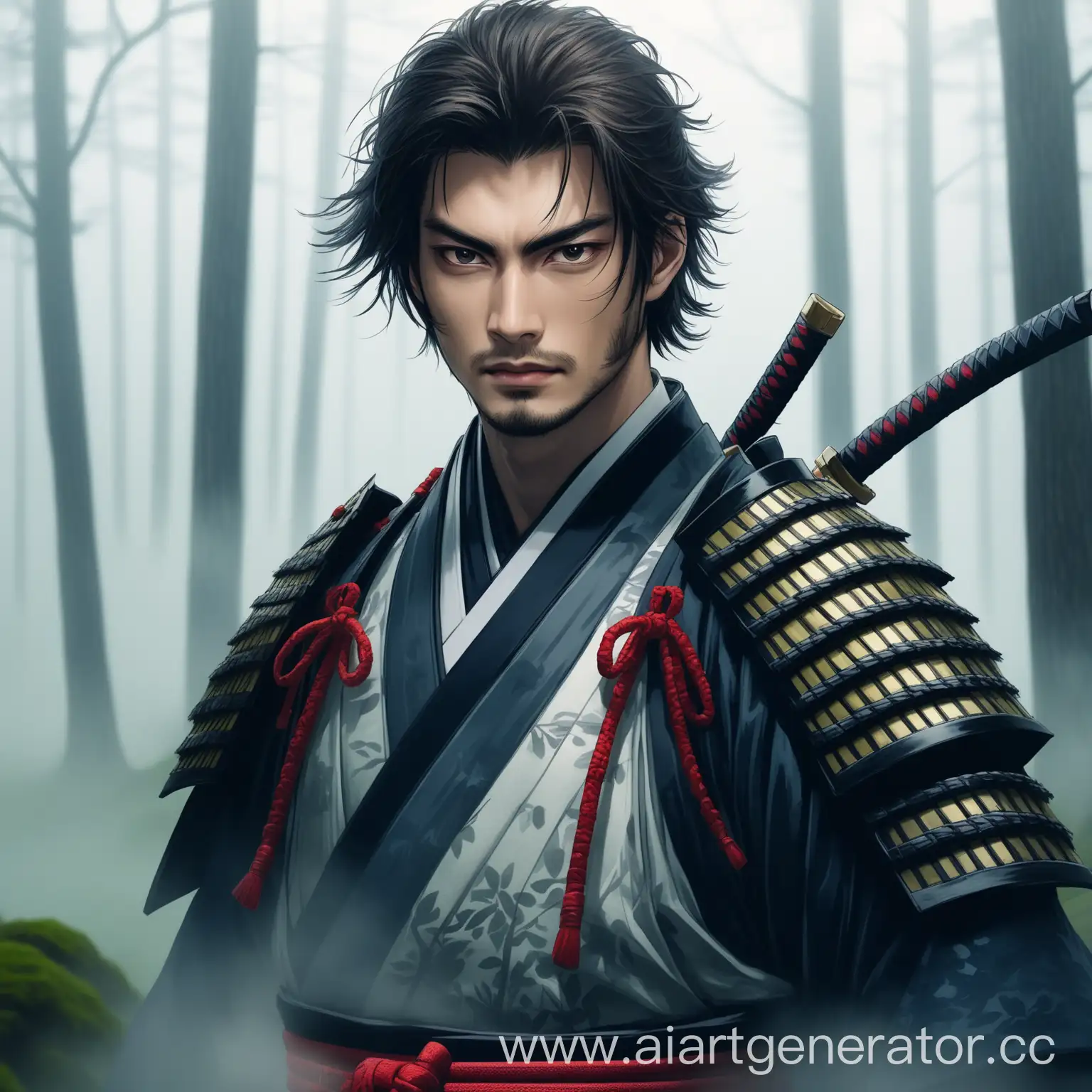 Young-Handsome-Samurai-in-Foggy-Forest-CloseUp