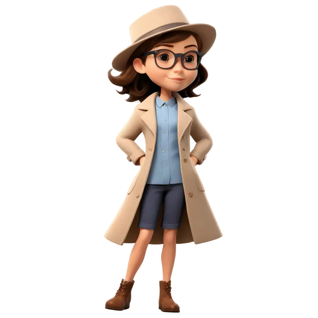 8 year old girl detective Pixar style with short brown hair, long coat, hat pulled down,and sunglasses