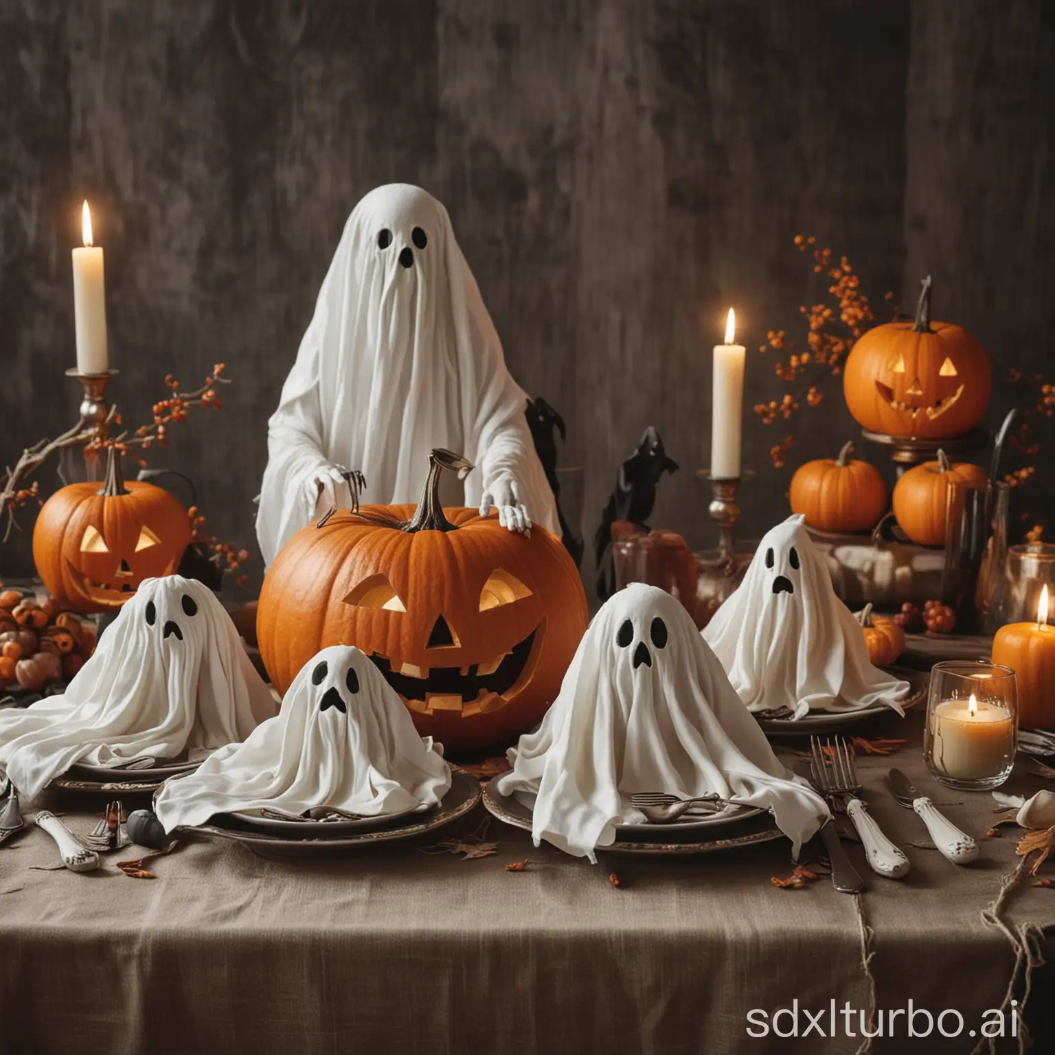 Atmosphere of Halloween, pumpkins and ghost models on a table with cutlery