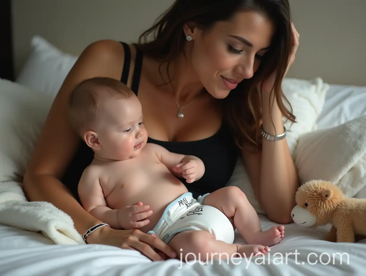 Playful-Mother-Cradling-Baby-Boy-in-Bed-with-Toys