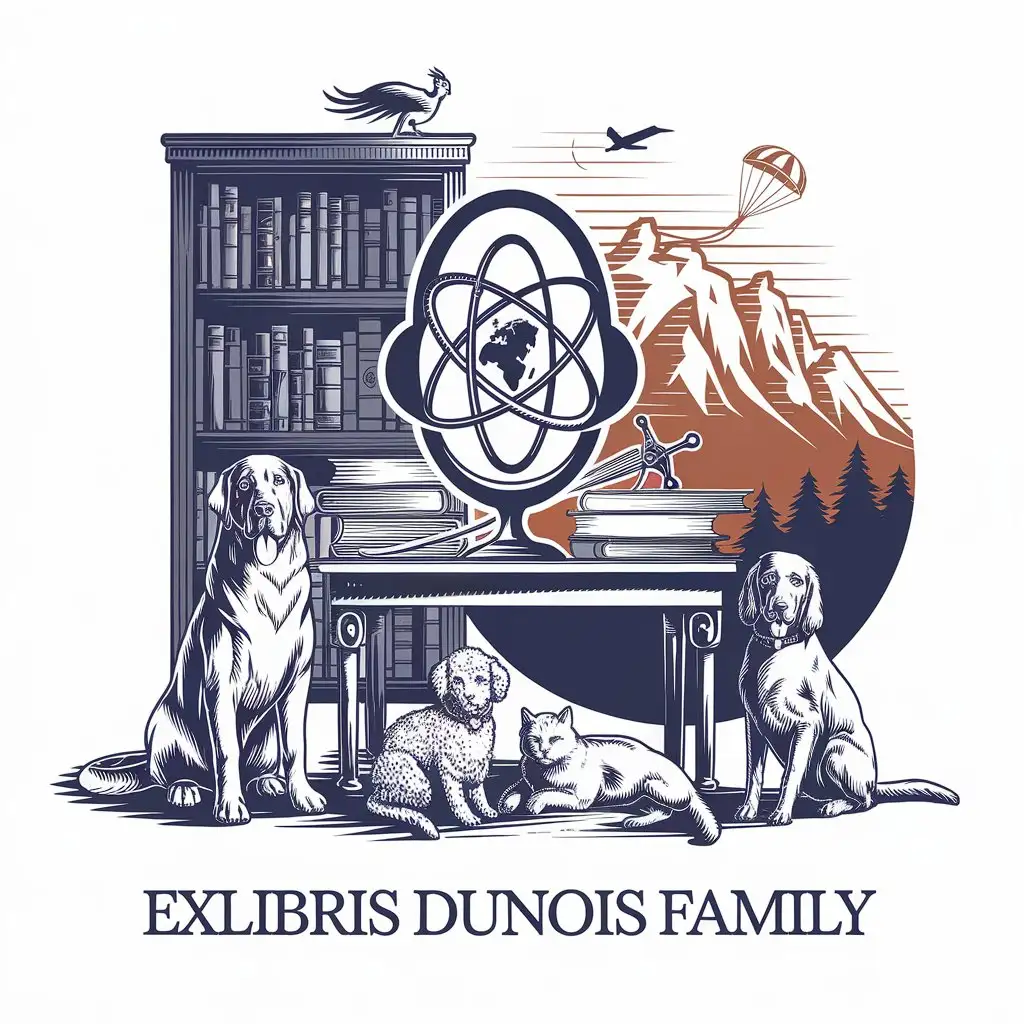 a vector logo design,with the text "Exlibris Dunois family", main symbol:Exlibris: Table, on the table are three books, on the books lies a naval cutlass, next to it stands a globe in the form of an atom, around the table sit three dogs, Newfoundland, shepherd, poodle, under the table lies three cats. In the background, a bookcase with books transitioning into a mountain range with a forest strip. A parachute is flying. On the bookshelf sits a Phoenix bird.,Moderate,clear background