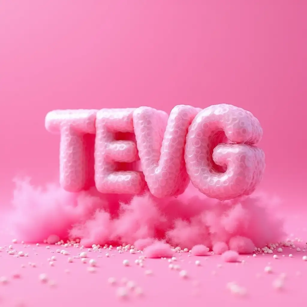 bright pink background, in the foreground a large word 'TEVG' rising above the ground, around the word 'TEVG' there are pink particles and some pink smoke. the word 'TEVG' is also pink and made of bubble wrap
