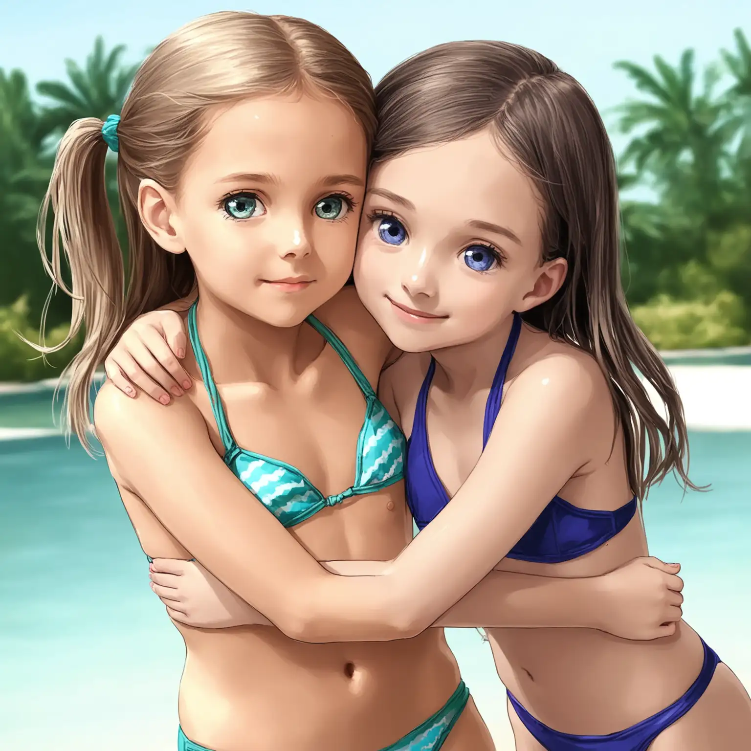 2 tween girls hugging in bikinis