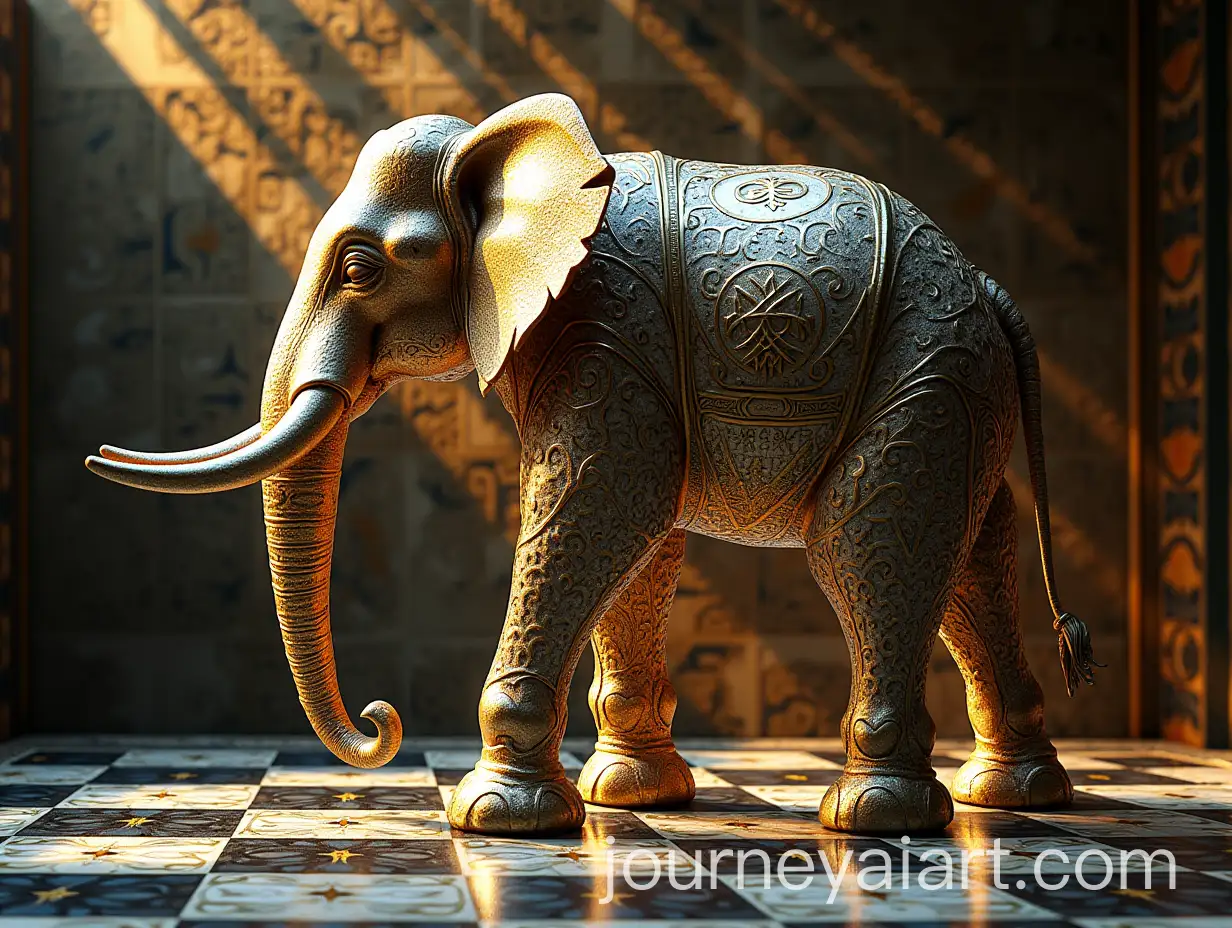 Majestic-ElephantChess-Hybrid-Sculpture-on-Andalusian-Mosaics-with-Geometric-Patterns-and-Vibrant-Colors