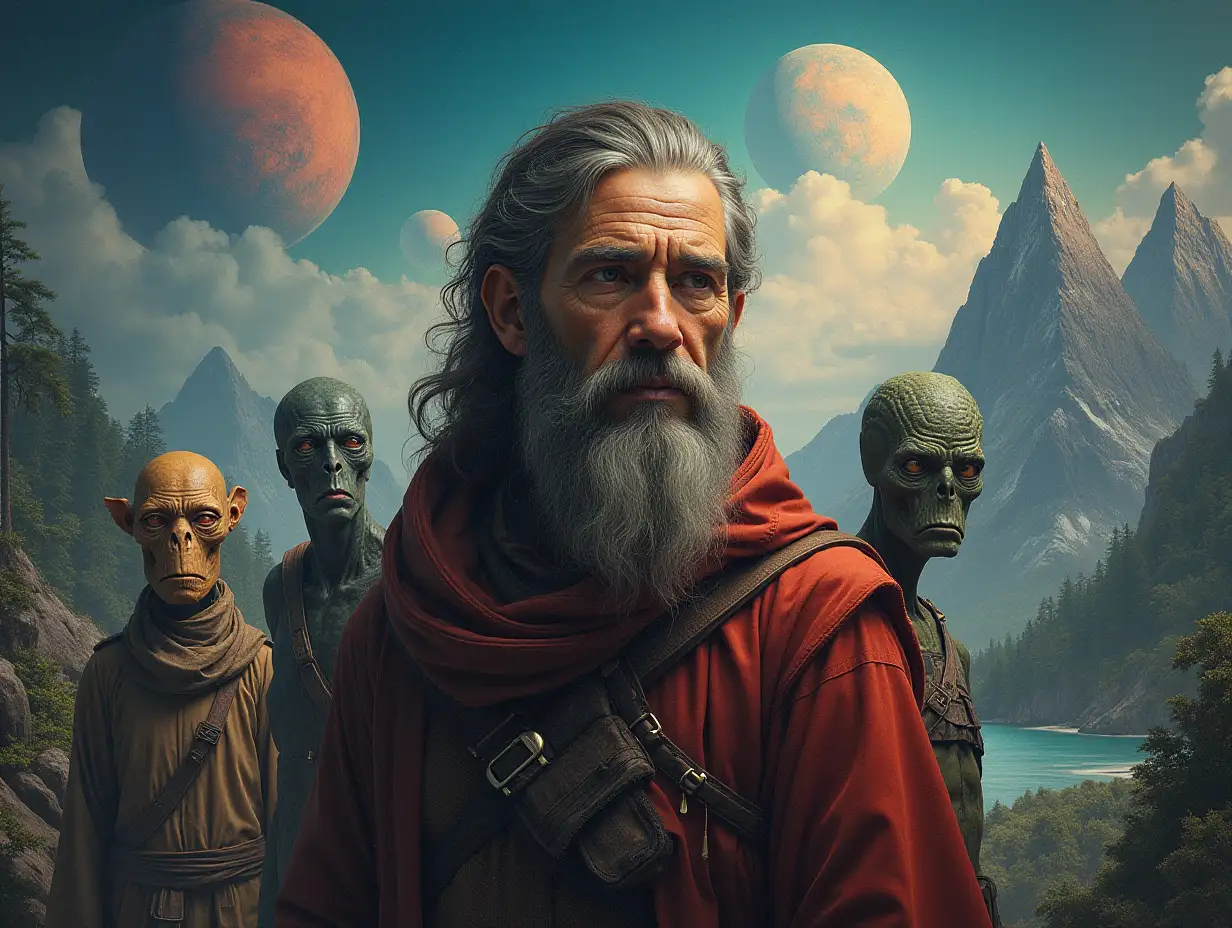 Hyperrealistic portrait of a multiverse time traveler with different alien beings. Detailed, colorful forested planets in the background with mountains, pyramids, and sea