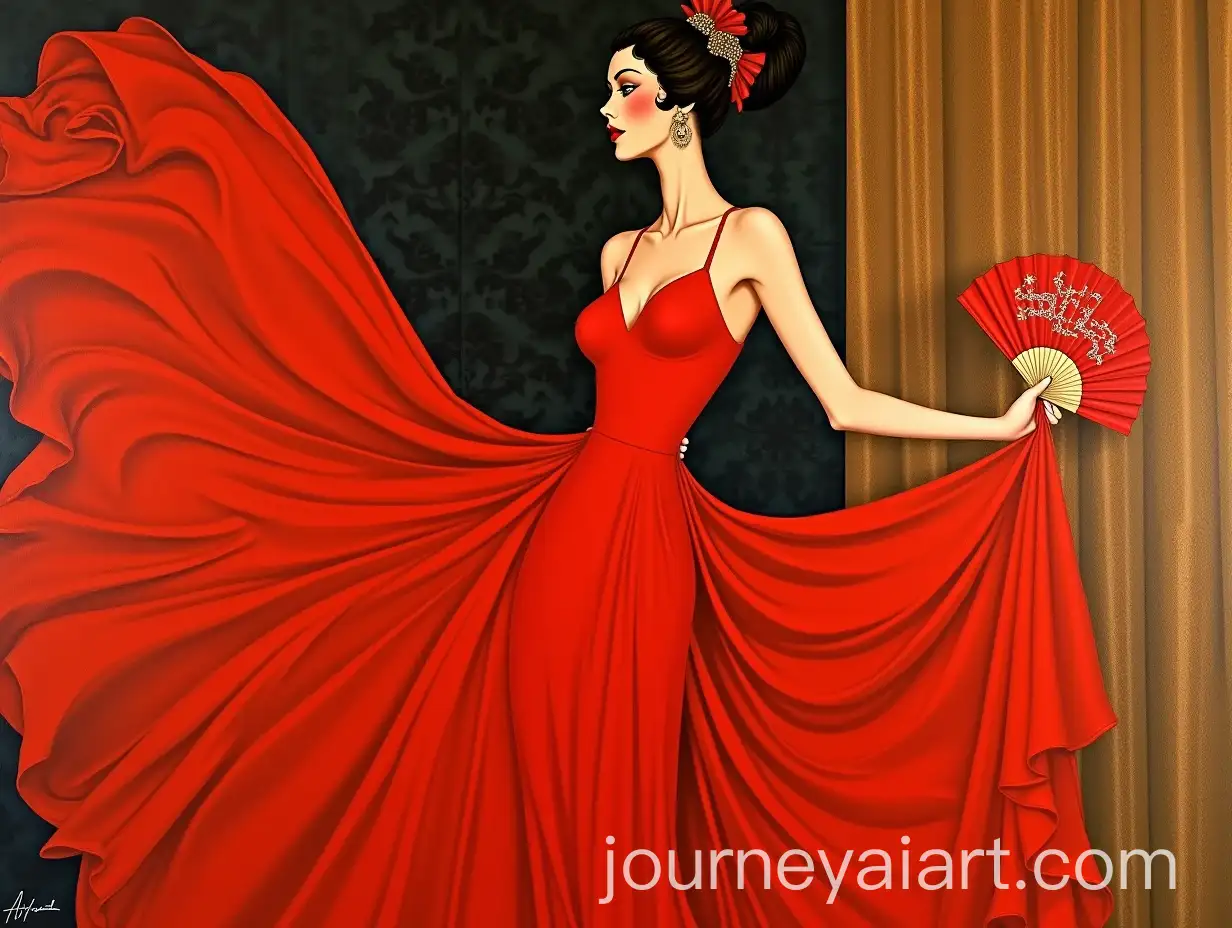 Elegant-Woman-in-Red-Dress-Holding-a-Fan-in-Classic-PinUp-Style